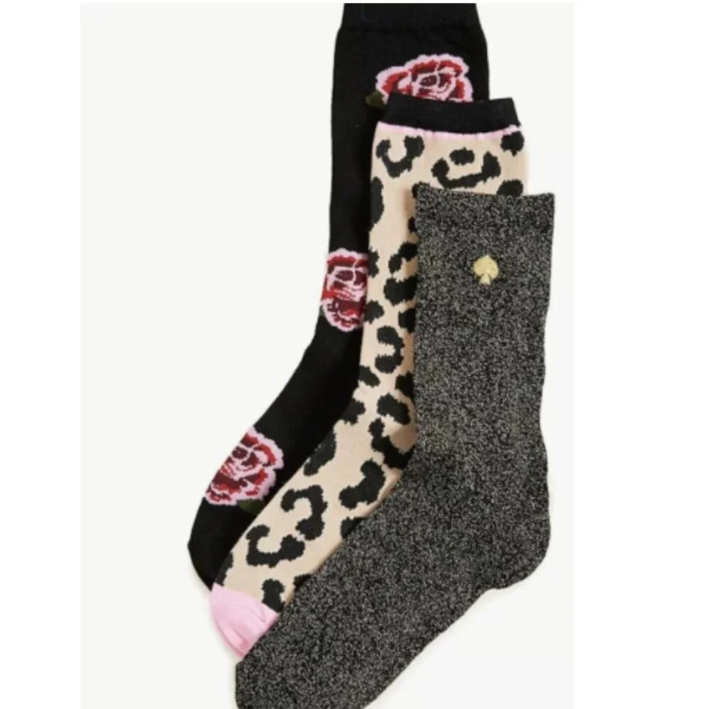 Kate Spade 3‎ Pair Crew Socks NIB Leopard Rose Gray Cozy Shoe Size 4-10